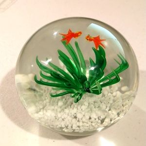 Beautiful Glass Paperweight with two Goldfish and Seaweed